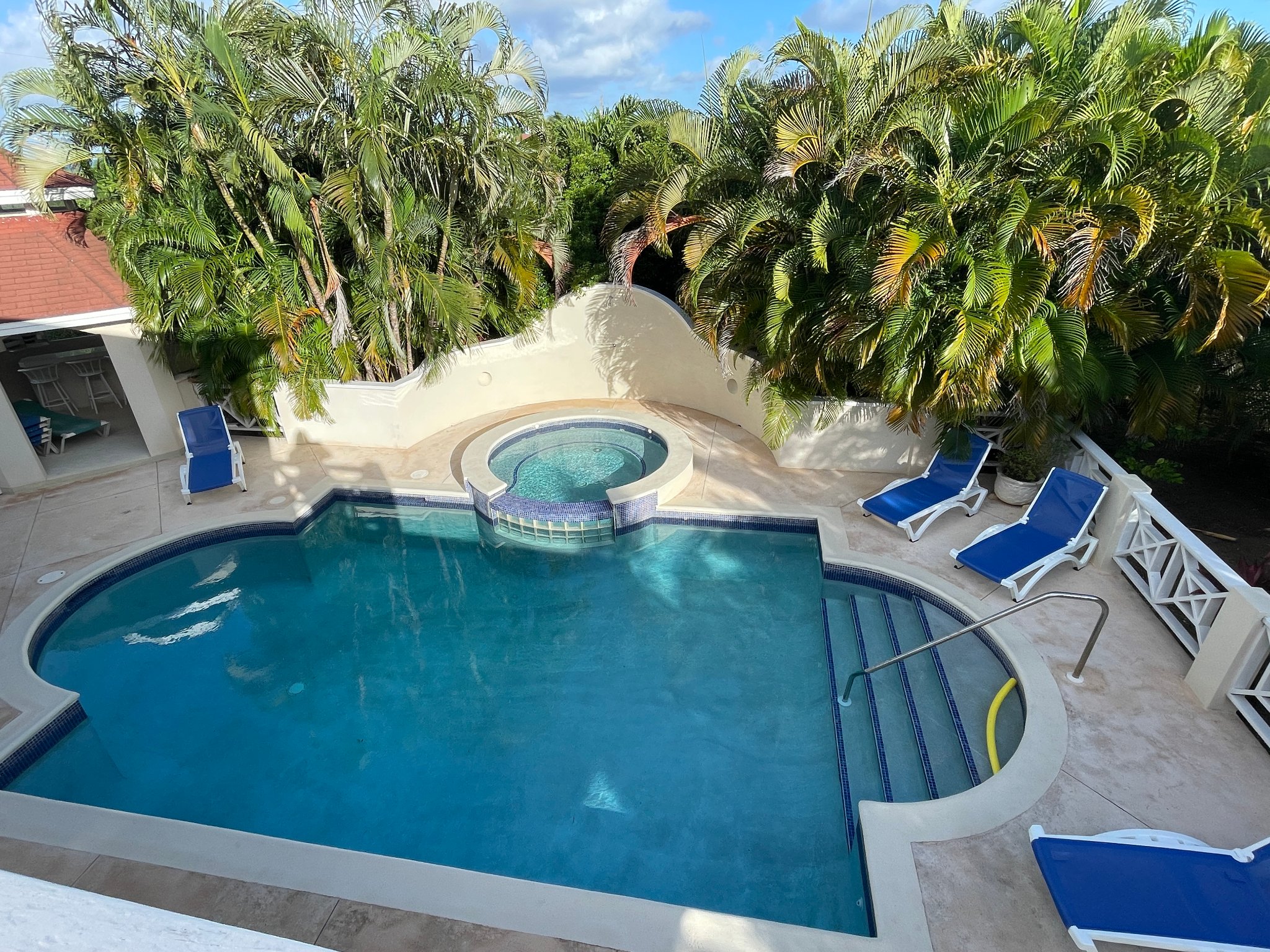 Holland Park Villa pool and jacuzzi with tropical gardens, aerial view